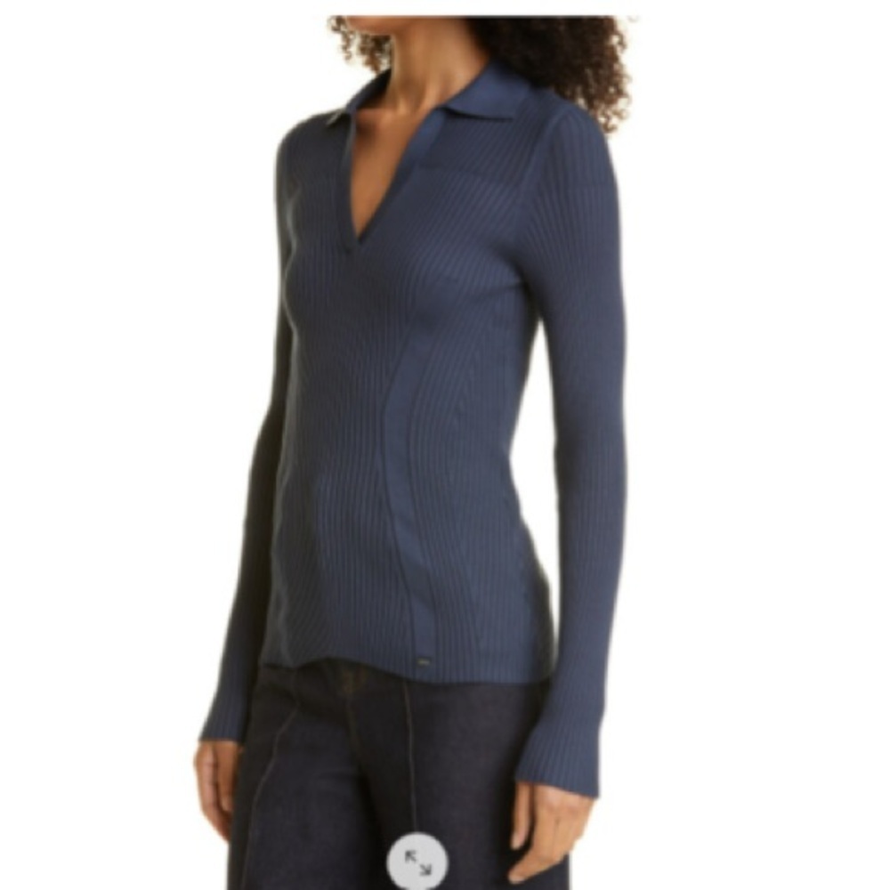 Ted Baker Ainne Rib Knit Polo VNeck Collared Pullover Sweater Top Blue Sz 4 M/10